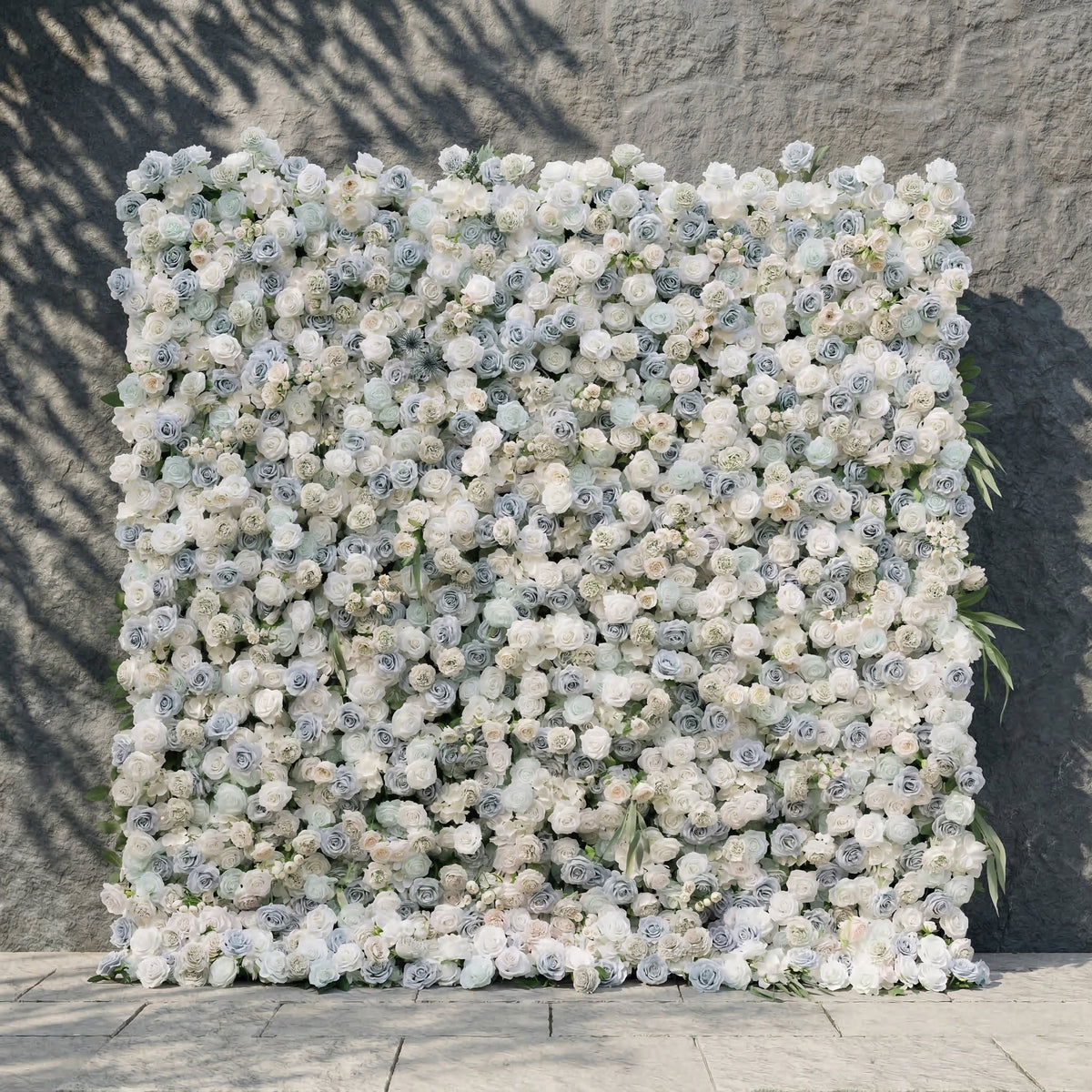 Mireli: 5D Dusty Blue and Ivory Silk Rose Flower Wall Roll-Up Fabric Backdrop for Elegant Weddings & Events