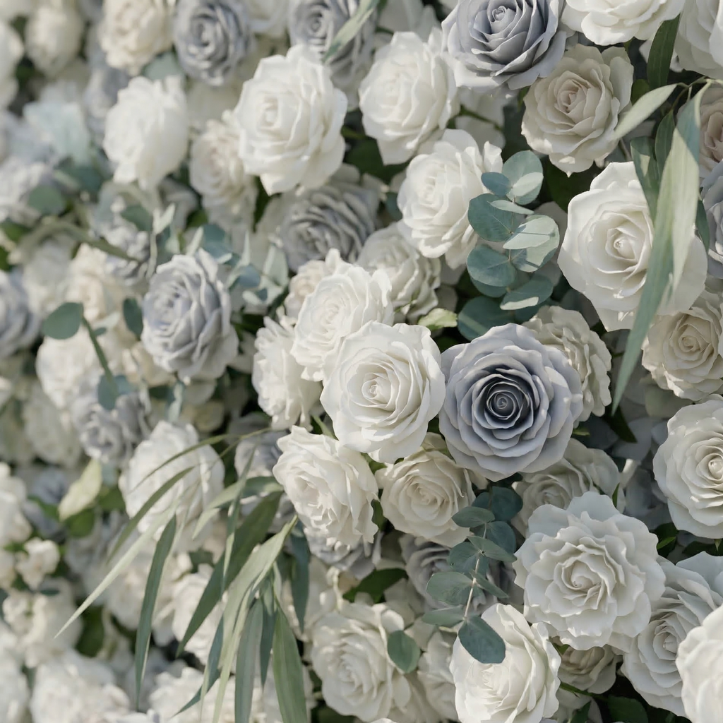 Mireli: 5D Dusty Blue and Ivory Silk Rose Flower Wall Roll-Up Fabric Backdrop for Elegant Weddings & Events