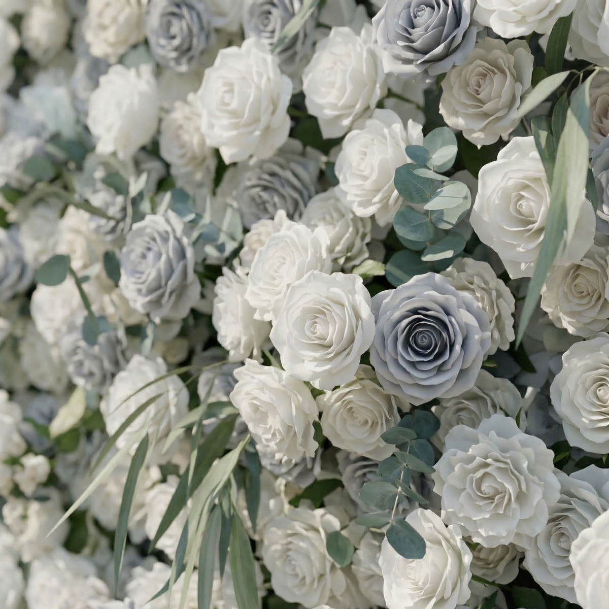 Mireli: 5D Dusty Blue and Ivory Silk Rose Flower Wall Roll-Up Fabric Backdrop for Elegant Weddings & Events