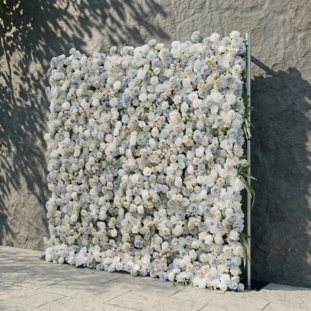 Mireli: 5D Dusty Blue and Ivory Silk Rose Flower Wall Roll-Up Fabric Backdrop for Elegant Weddings & Events