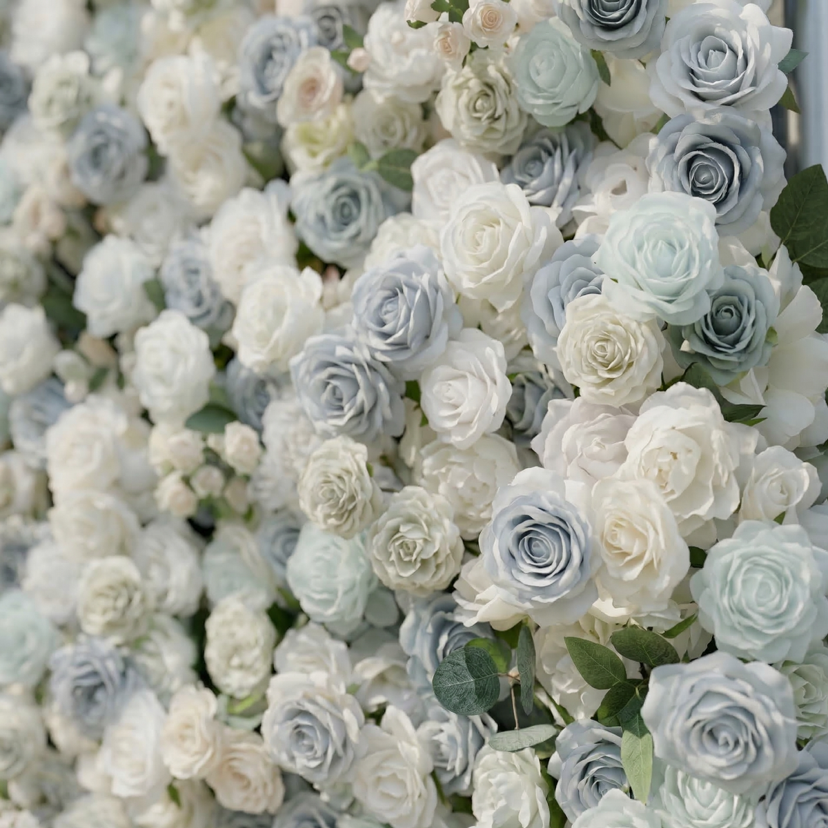 Mireli: 5D Dusty Blue and Ivory Silk Rose Flower Wall Roll-Up Fabric Backdrop for Elegant Weddings & Events