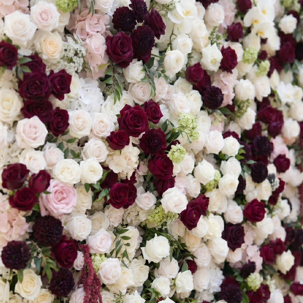 Mirenorae: Luxury 5D Burgundy Red & Ivory White Silk Floral Wall Roll-Up Fabric Backdrop for Grand Weddings