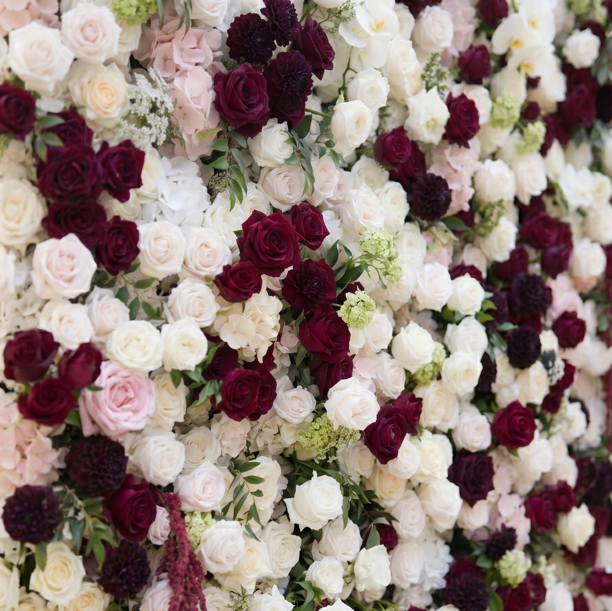 Mirenorae: Luxury 5D Burgundy Red & Ivory White Silk Floral Wall Roll-Up Fabric Backdrop for Grand Weddings