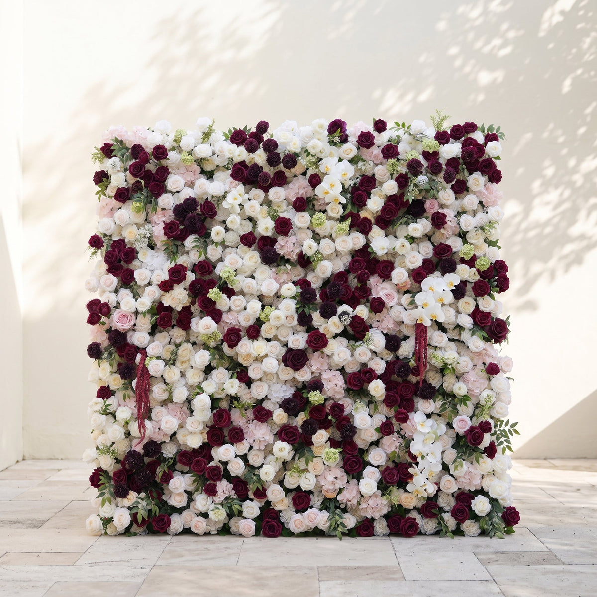 Mirenorae: Luxury 5D Burgundy Red & Ivory White Silk Floral Wall Roll-Up Fabric Backdrop for Grand Weddings