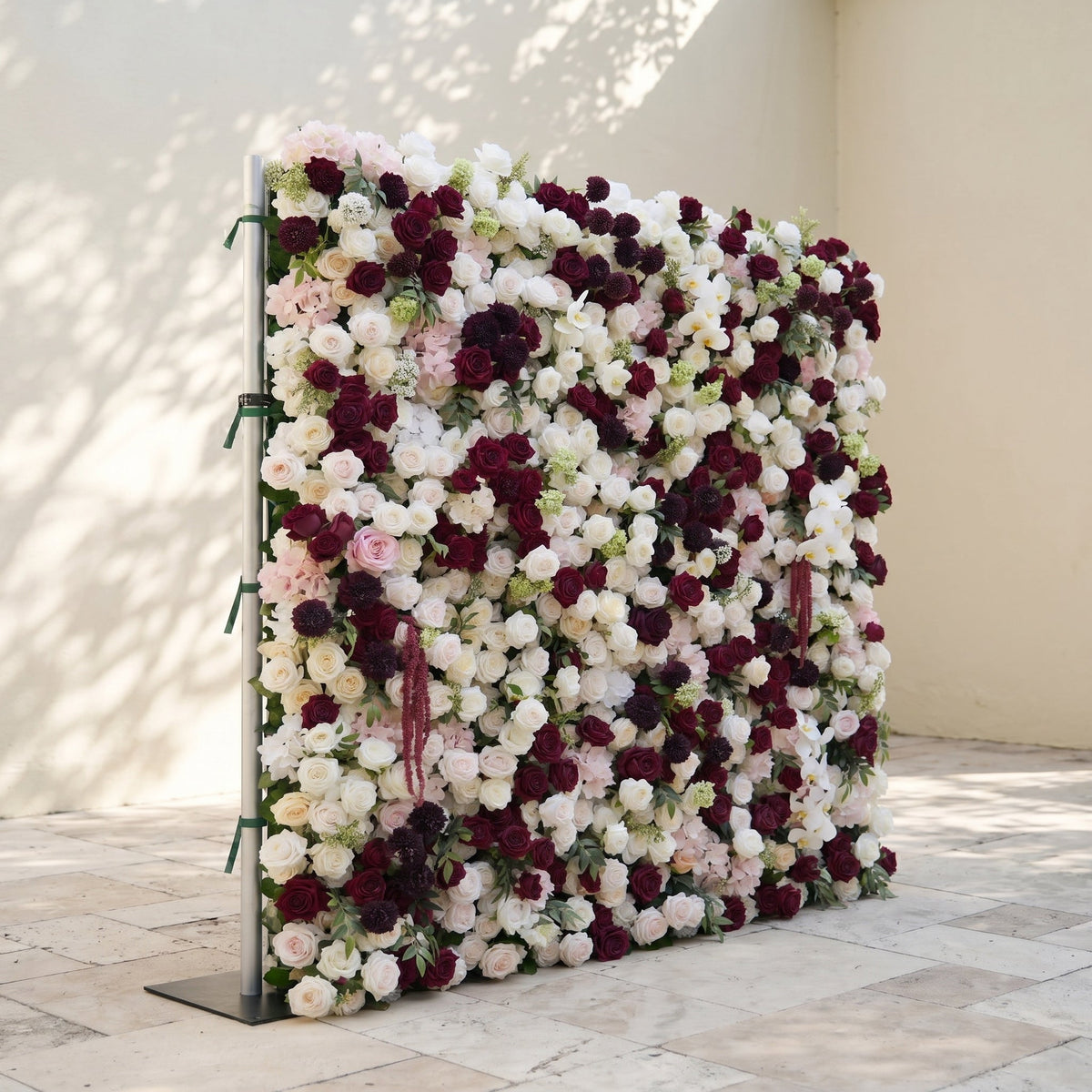 Mirenorae: Luxury 5D Burgundy Red & Ivory White Silk Floral Wall Roll-Up Fabric Backdrop for Grand Weddings