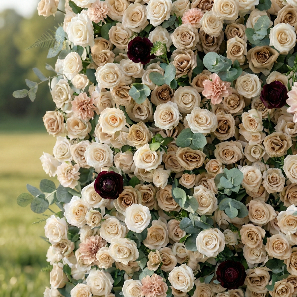 Mireya: 5D Elegant Champagne & Burgundy Silk Rose Flower Wall Roll-Up Fabric Backdrop for Luxury Weddings & Garden Parties