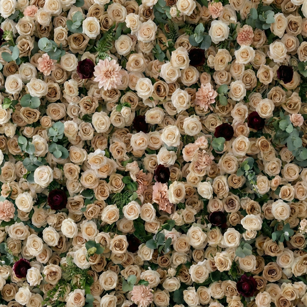 Mireya: 5D Elegant Champagne & Burgundy Silk Rose Flower Wall Roll-Up Fabric Backdrop for Luxury Weddings & Garden Parties