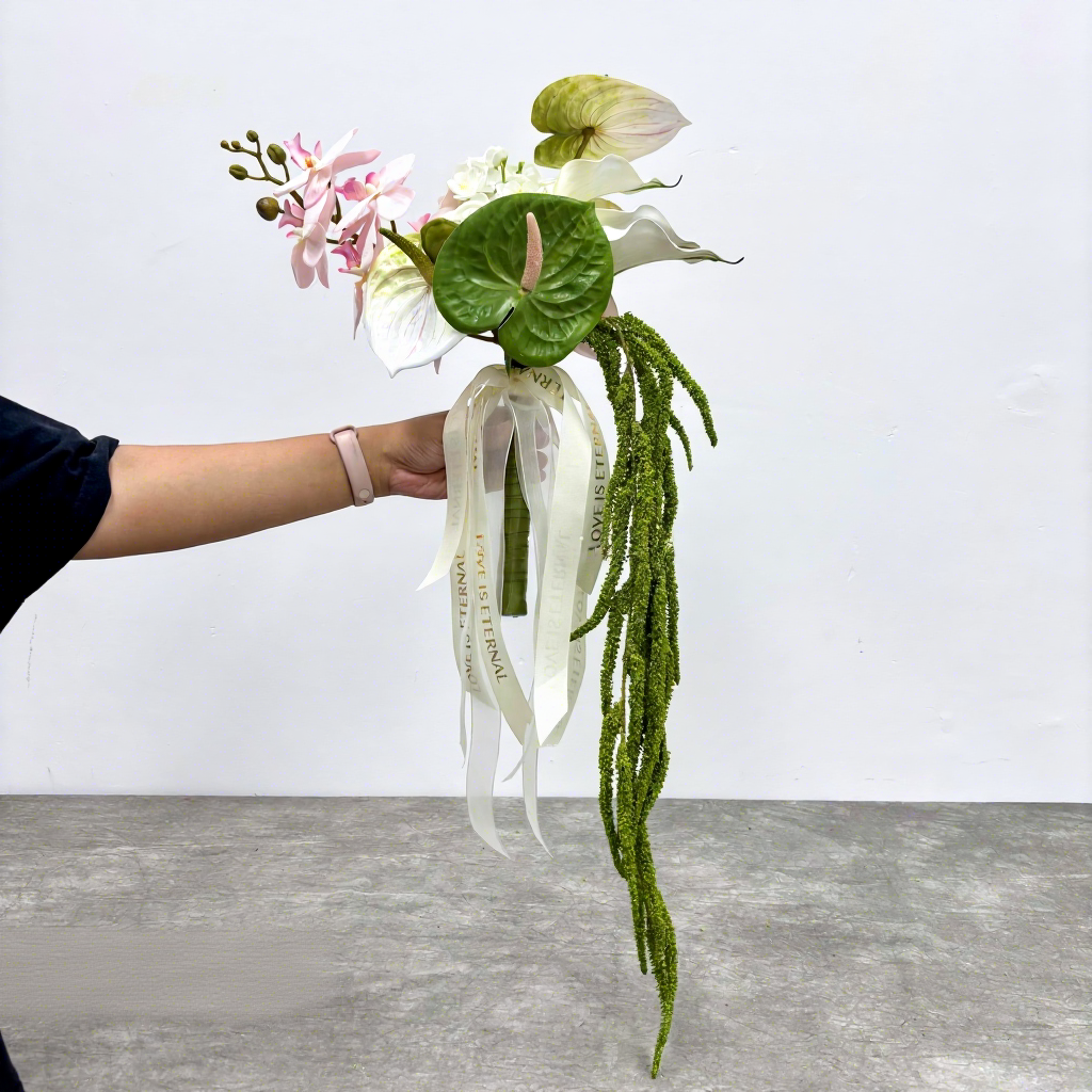 Modern Korean Wedding Bride Silk Realistic Bouquet Factory Artificial Rose Anthurium Phalaenopsis Bouquet with Hanging Vine - Free Shipping