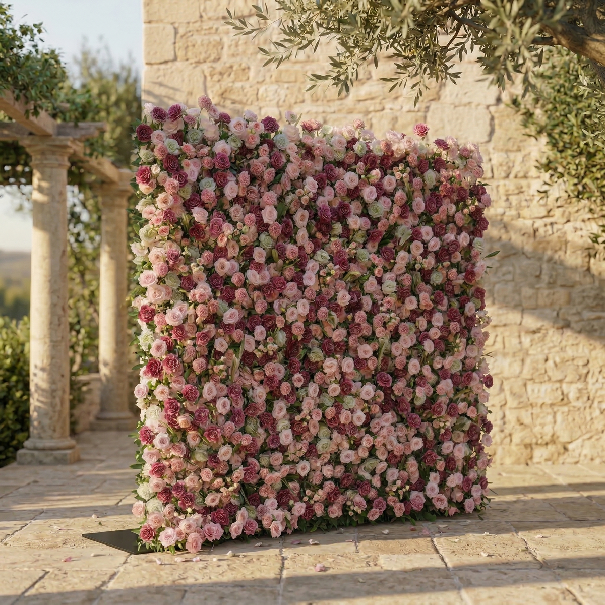 Nirex: 5D Berry & Pink Silk Rose Flower Wall Roll-Up Fabric Backdrop for Luxury Event Decor