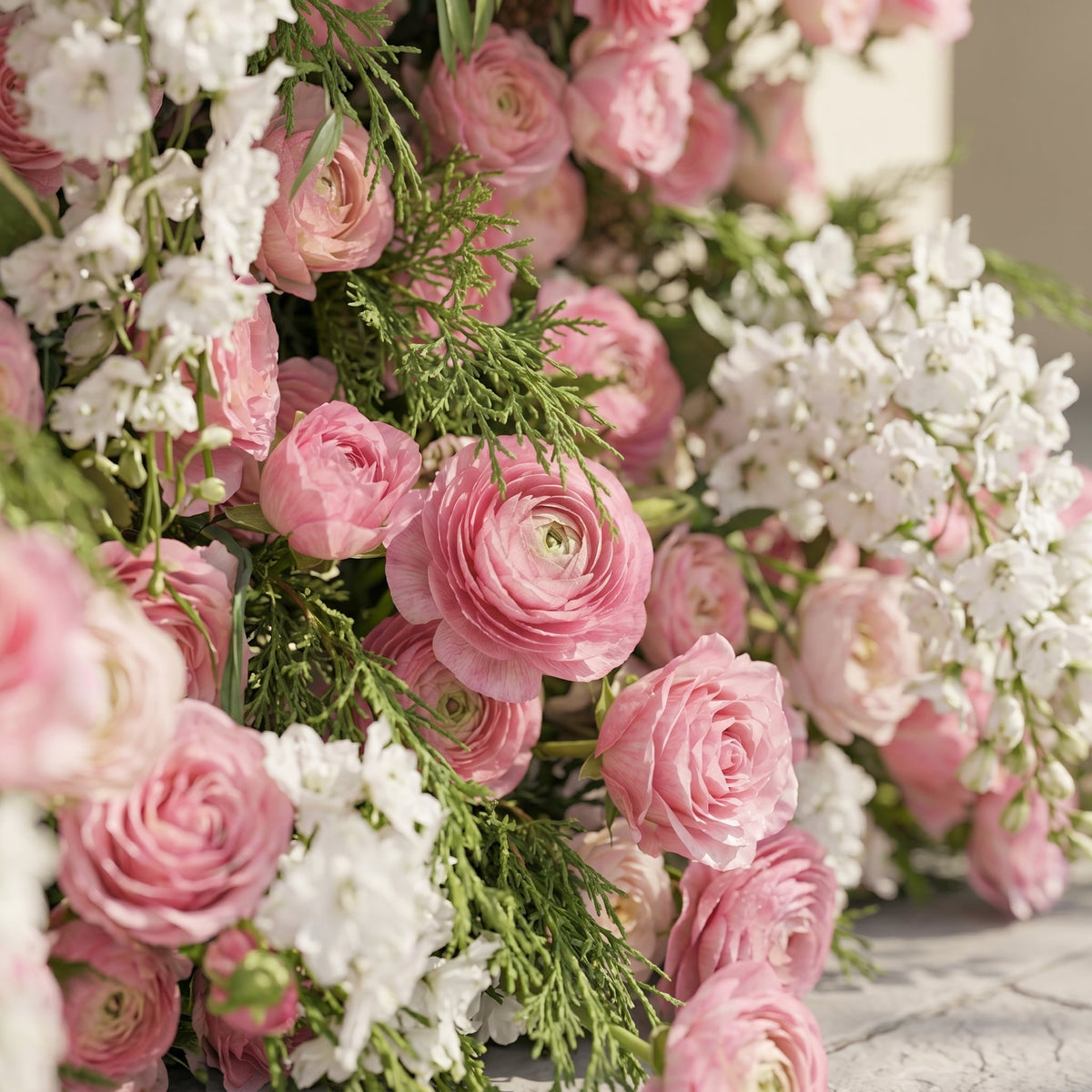 Norenina:5D Soft Blush Pink & Ivory White Silk Rose Flower Wall Roll-Up Fabric Backdrop for Romantic Weddings & Proposals