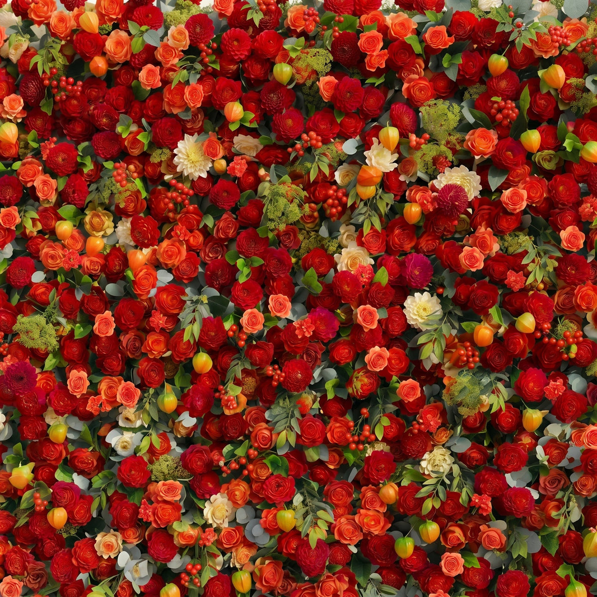 Novara: Luxury 5D Crimson Red & Vibrant Orange Silk Floral Wall Backdrop with Berry Accents for Autumn Weddings