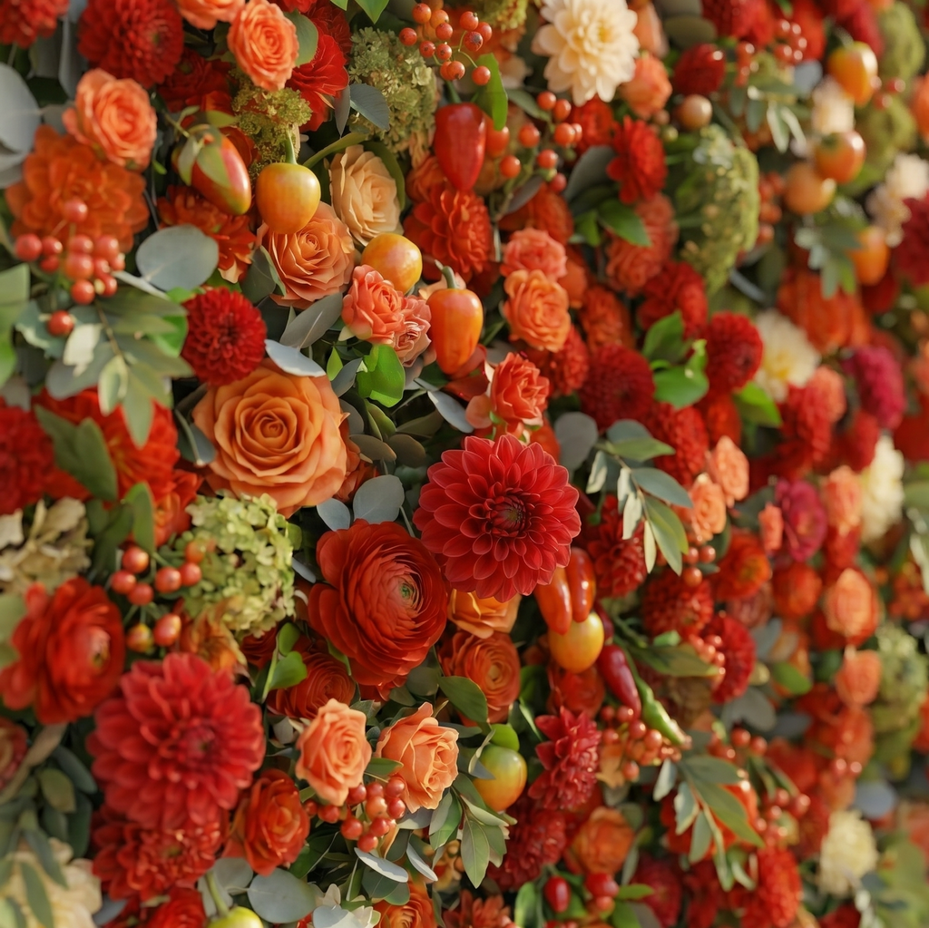 Novara: Luxury 5D Crimson Red & Vibrant Orange Silk Floral Wall Backdrop with Berry Accents for Autumn Weddings