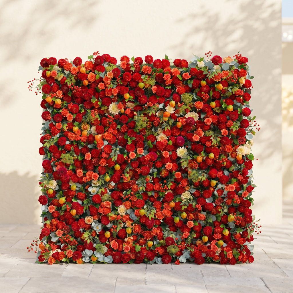 Novara: Luxury 5D Crimson Red & Vibrant Orange Silk Floral Wall Backdrop with Berry Accents for Autumn Weddings
