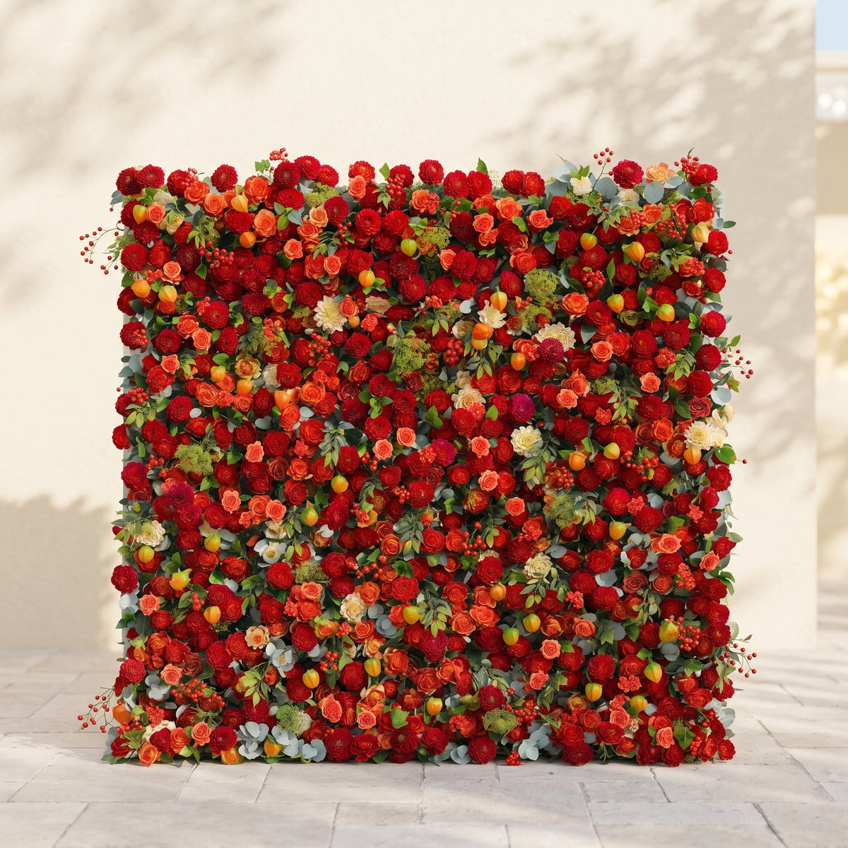 Novara: Luxury 5D Crimson Red & Vibrant Orange Silk Floral Wall Backdrop with Berry Accents for Autumn Weddings