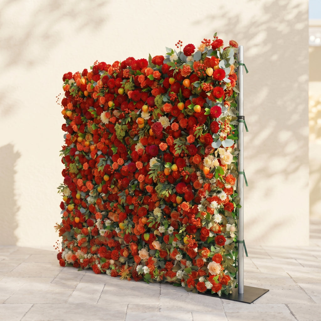 Novara: Luxury 5D Crimson Red & Vibrant Orange Silk Floral Wall Backdrop with Berry Accents for Autumn Weddings