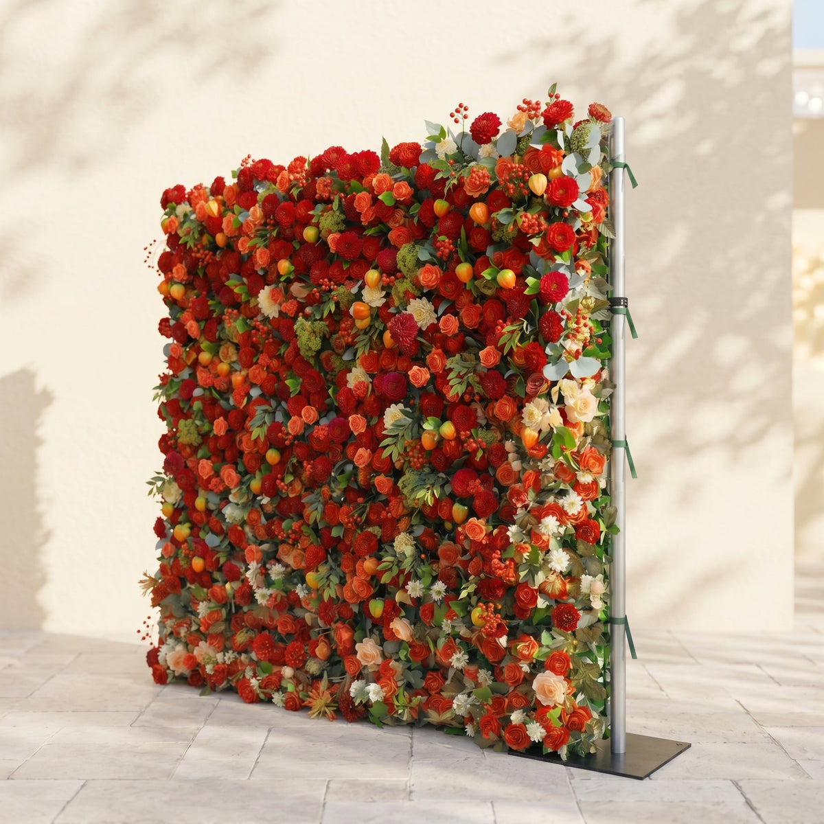 Novara: Luxury 5D Crimson Red & Vibrant Orange Silk Floral Wall Backdrop with Berry Accents for Autumn Weddings