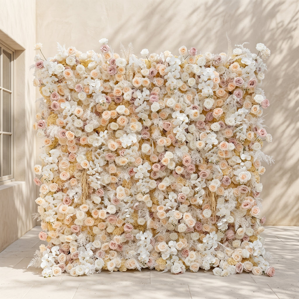 Novmora:5D Neutral Warm Cream Peach & Blush Pink Silk Rose Flower Wall Roll-Up Fabric Backdrop for Romantic Weddings & Proposals