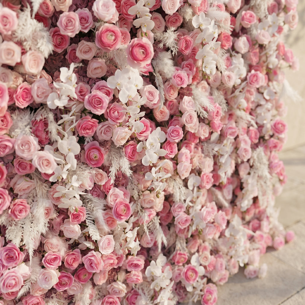 Nylenna:Luxury 5D Ombre Hot Pink & Blush Silk Floral Wall Roll-Up Backdrop for Vibrant Romantic Weddings