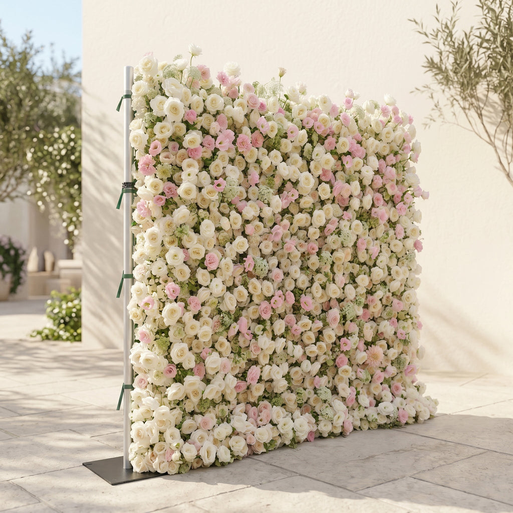 Pearlnora: Luxury 5D Pearl White & Blush Pink Silk Floral Wall Roll-Up Backdrop for Elegant Minimalist Weddings