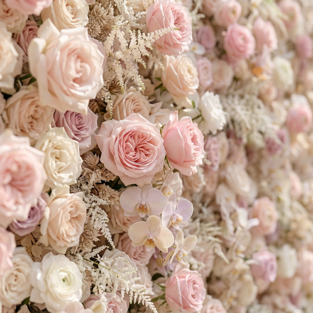 Valsora:5D Gradient Warm Blush Pink & Ivory White Silk Rose Flower Wall Roll-Up Fabric Backdrop for Romantic Weddings & Proposals