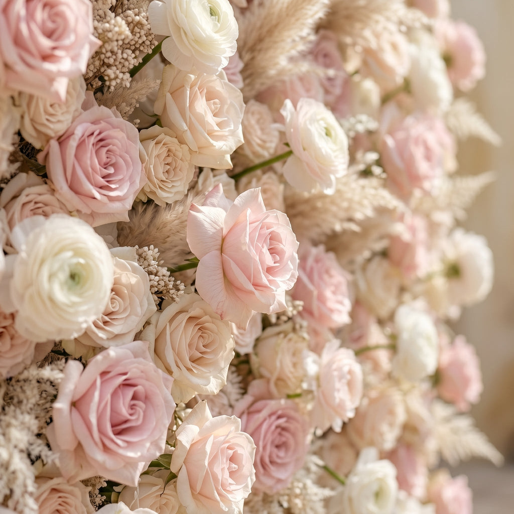 Valsora:5D Gradient Warm Blush Pink & Ivory White Silk Rose Flower Wall Roll-Up Fabric Backdrop for Romantic Weddings & Proposals