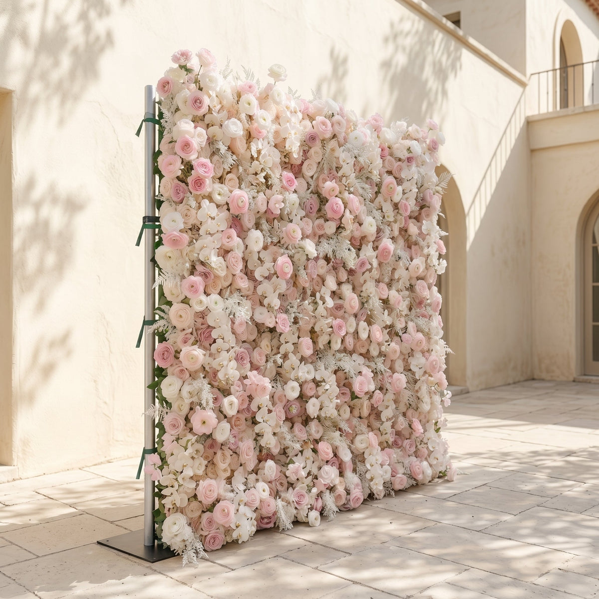 Valsora:5D Gradient Warm Blush Pink & Ivory White Silk Rose Flower Wall Roll-Up Fabric Backdrop for Romantic Weddings & Proposals