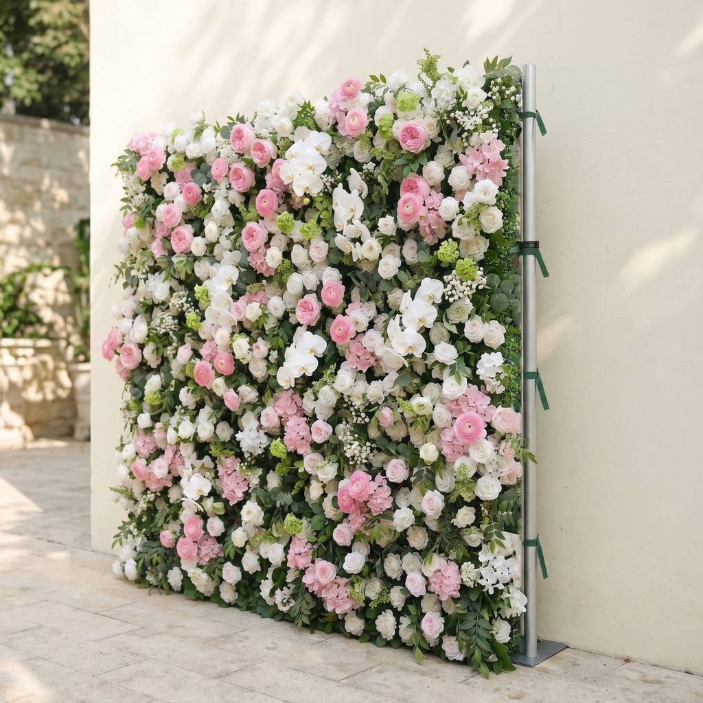 Pervia:5D Blush Pink & Ivory White Silk Rose Flower Wall Roll-Up Fabric Backdrop for Romantic Weddings & Proposals