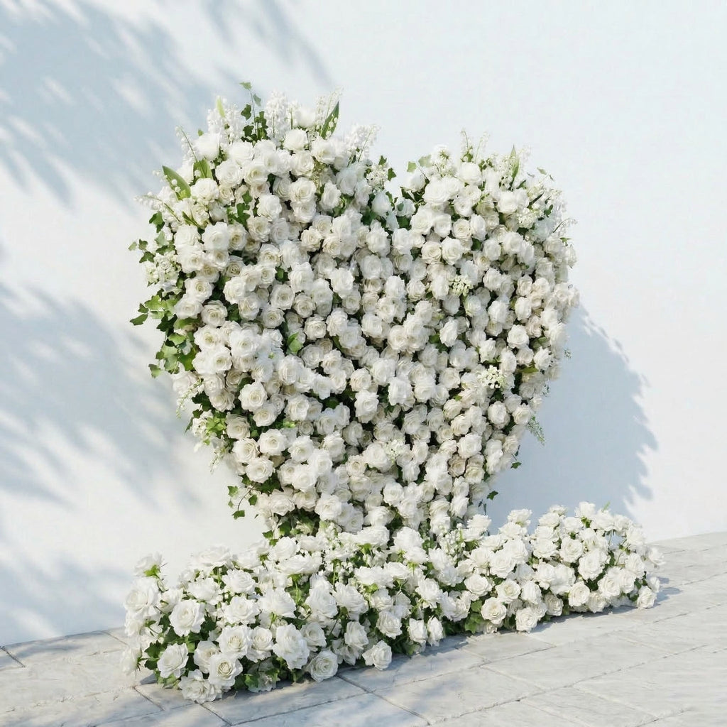 Petalya: 3D White Silk Rose Heart Floral Backdrop Decor for Proposal & Anniversary Backdrop