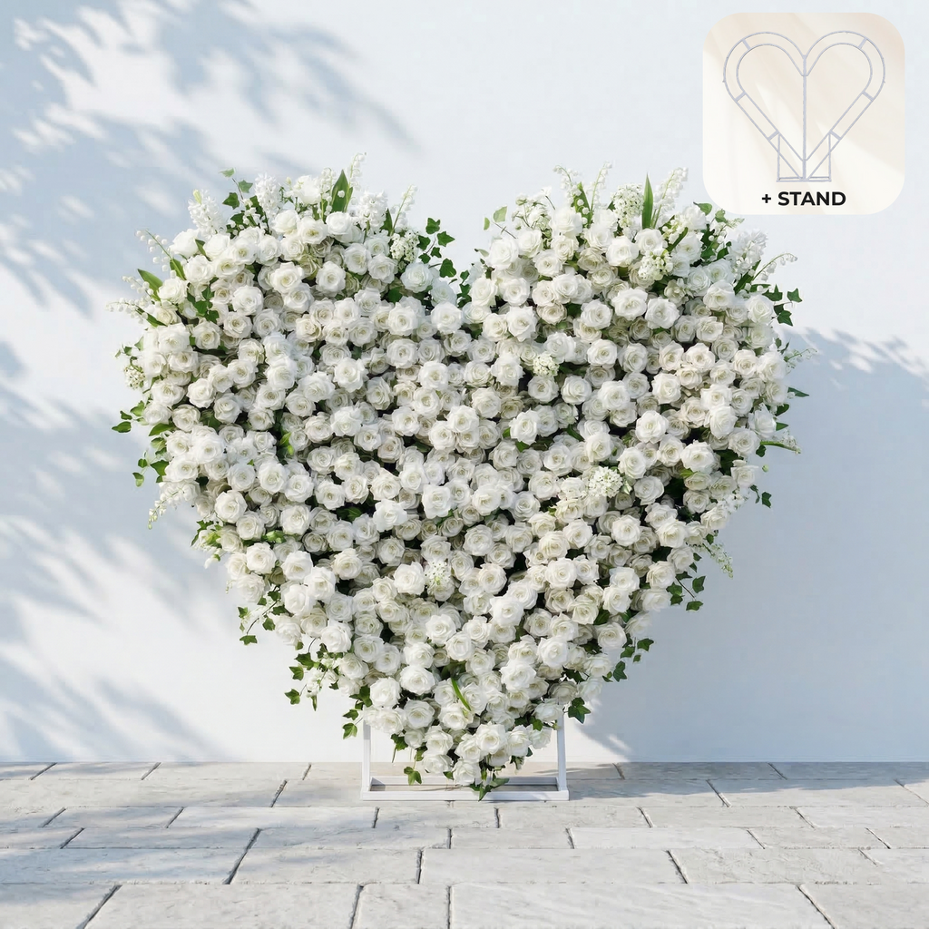 Petalya: 3D White Silk Rose Heart Floral Backdrop Decor for Proposal & Anniversary Backdrop