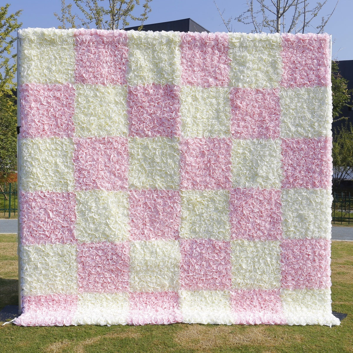 Pink White Checkered Silk Artificial Rose Flower Wall Floral Backdrop Wedding Photo Booth Decor Flower Panel Free Shipping