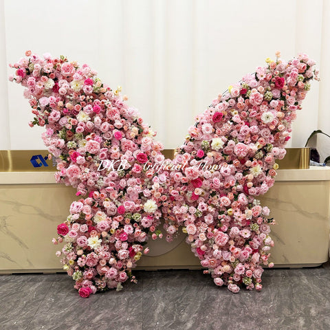 Popular Pink Artificial Flower Wall Butterfly Shaped 3D Flower Backdrop for Wedding Proposal Christmas Party Event Decoration Free Shipping