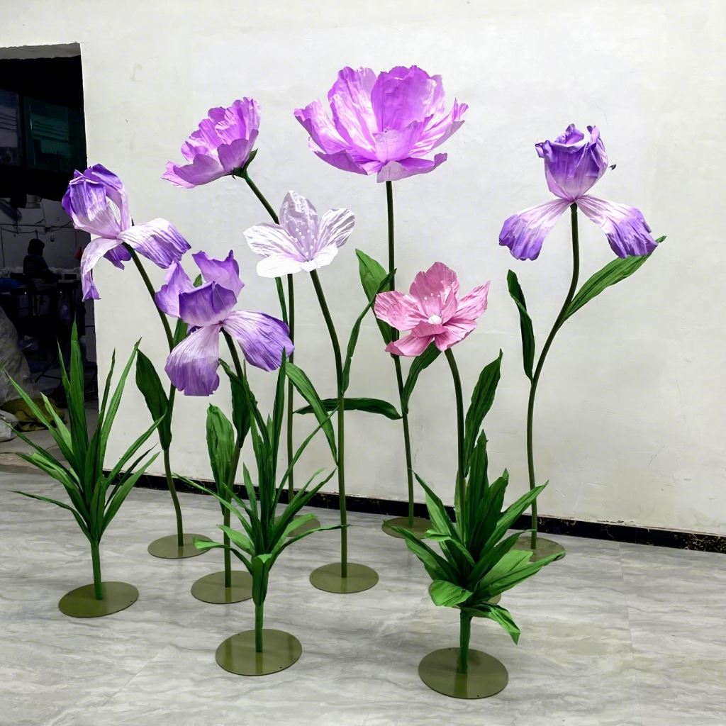 Purple Artificial Giant Paper Flower Handmade Purple Iris Poppy Free-Standing Large Flower Decoration Set for Rental Business - Free Shipping
