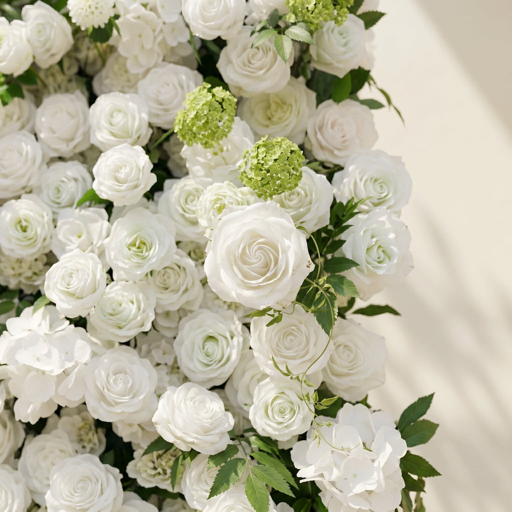 Raellyra:5D Soft Green & Ivory White Silk Rose Flower Wall Roll-Up Fabric Backdrop for Romantic Weddings & Proposals