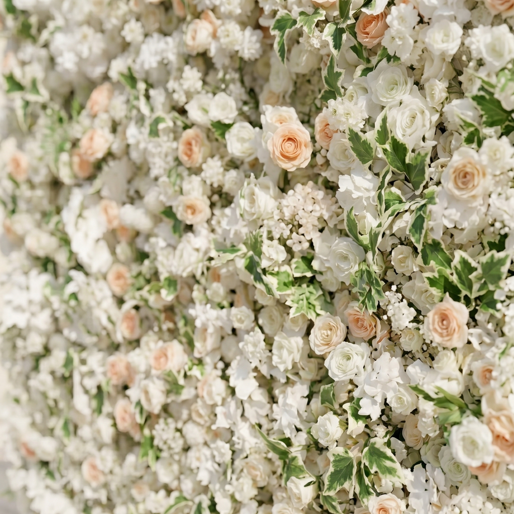 Ralyra:Luxury 5D White&Champagne roses Flower wall with Greenery for Wedding&Event Decor
