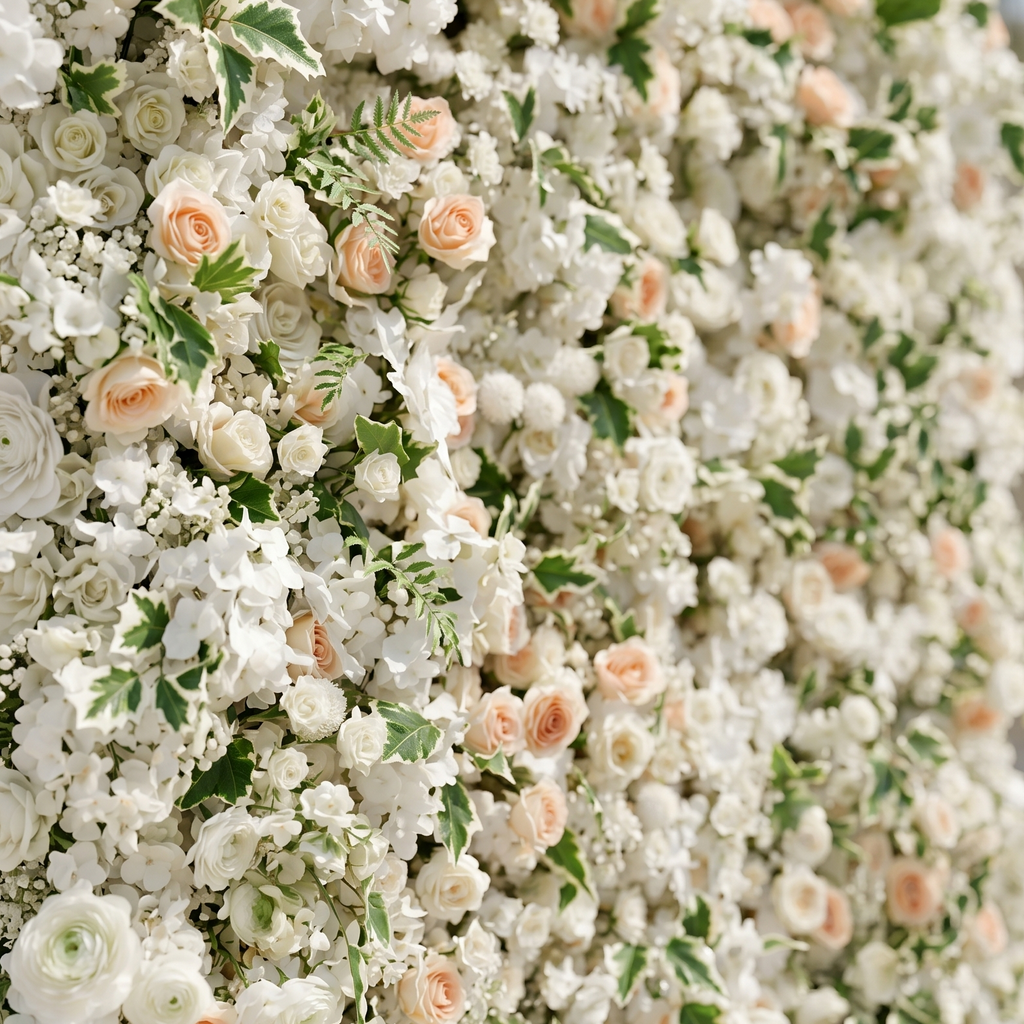 Ralyra:Luxury 5D White&Champagne roses Flower wall with Greenery for Wedding&Event Decor