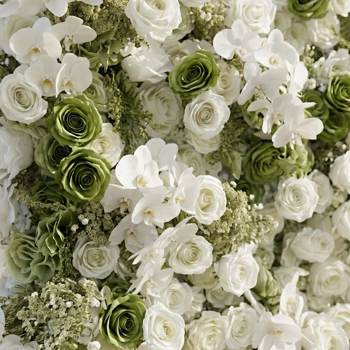Ravalia: Luxury 5D White & Sage Green Silk Floral Wall Roll-Up Backdrop for Elegant Minimalist Weddings