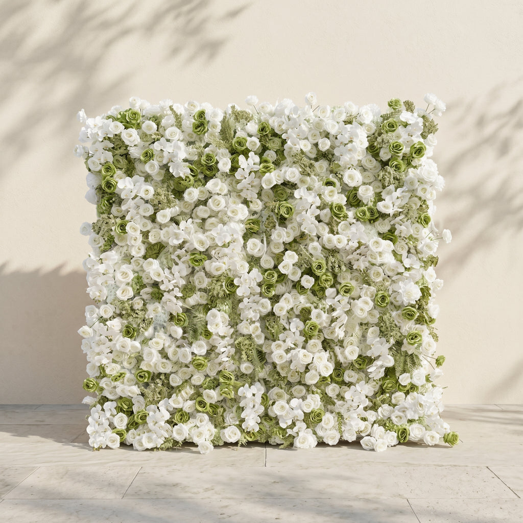 Ravalia: Luxury 5D White & Sage Green Silk Floral Wall Roll-Up Backdrop for Elegant Minimalist Weddings