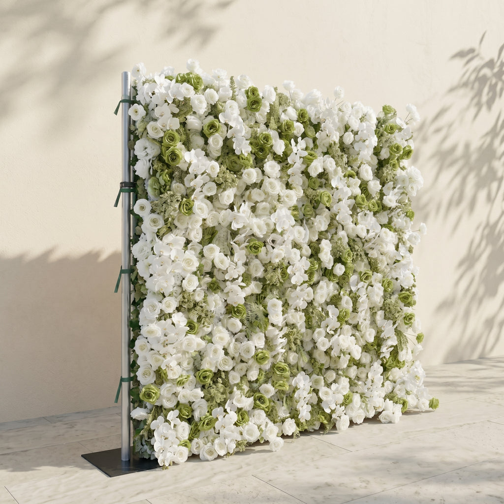 Ravalia: Luxury 5D White & Sage Green Silk Floral Wall Roll-Up Backdrop for Elegant Minimalist Weddings