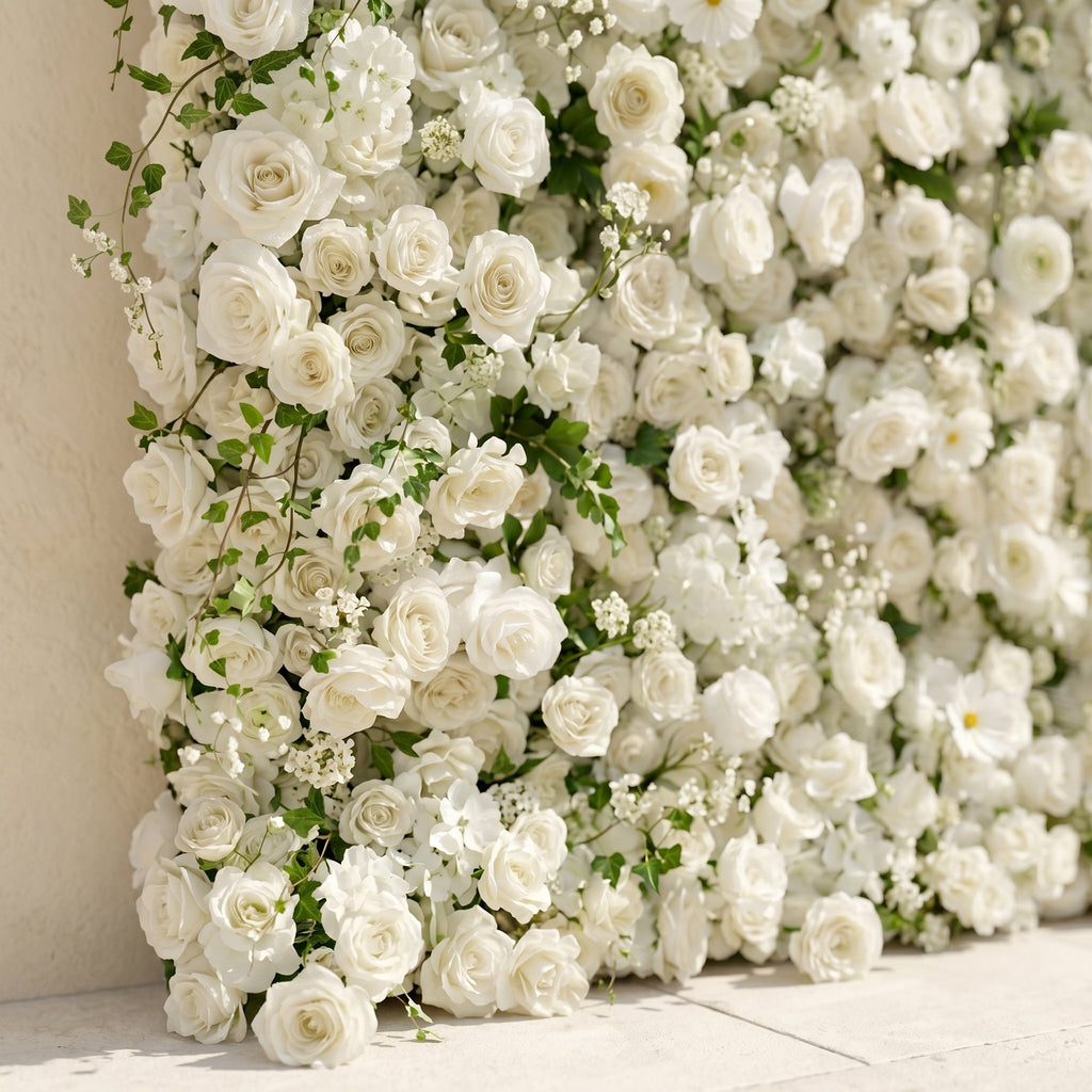 Rosiva:Luxury 5D All-White Floral Wall with Greenery Roll-Up Backdrop for Rustic Garden Weddings