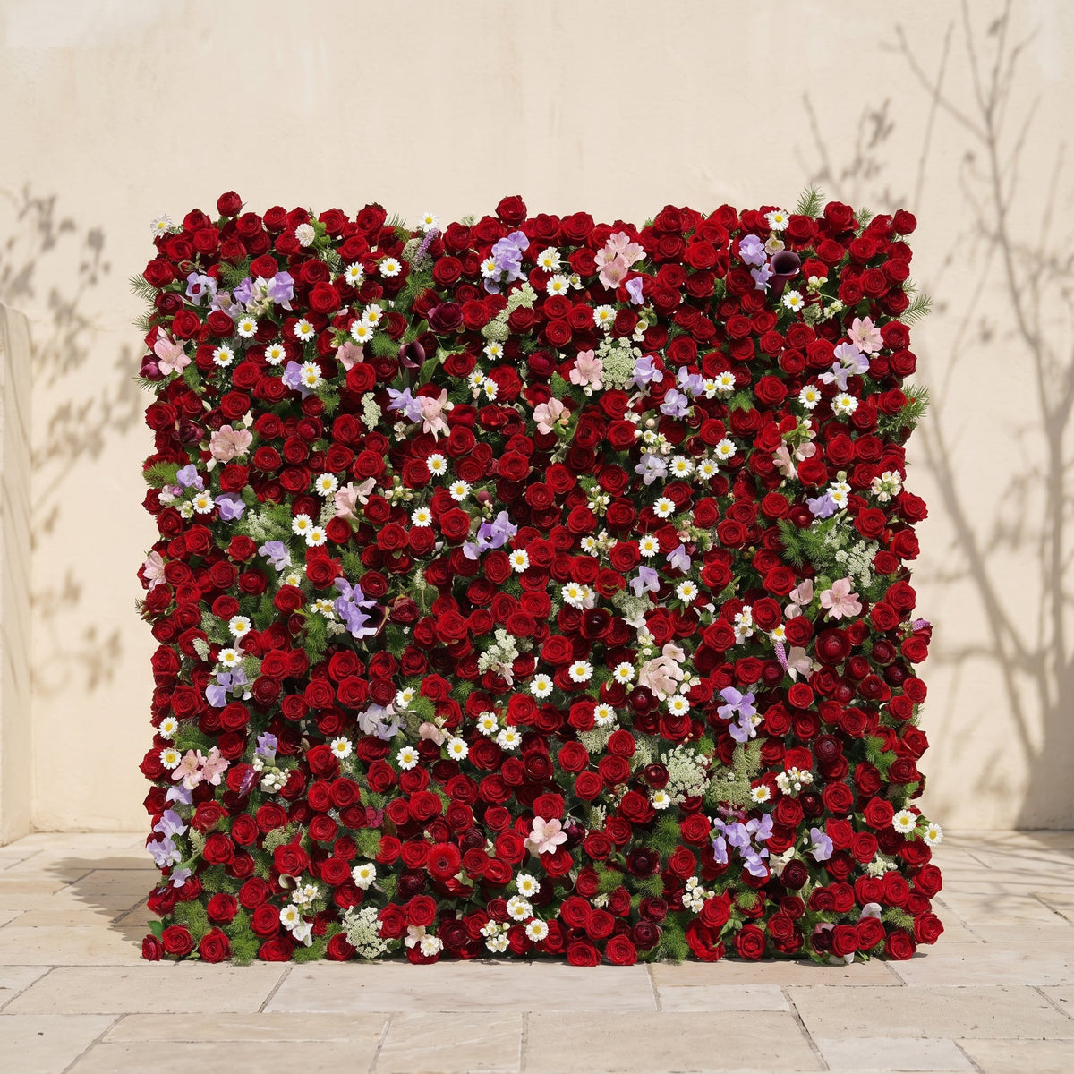 Sabbelle: Luxury 4D Ruby Red Rose Silk Floral Wall Backdrop with White Daisy & Lavender Accents for Romantic Weddings