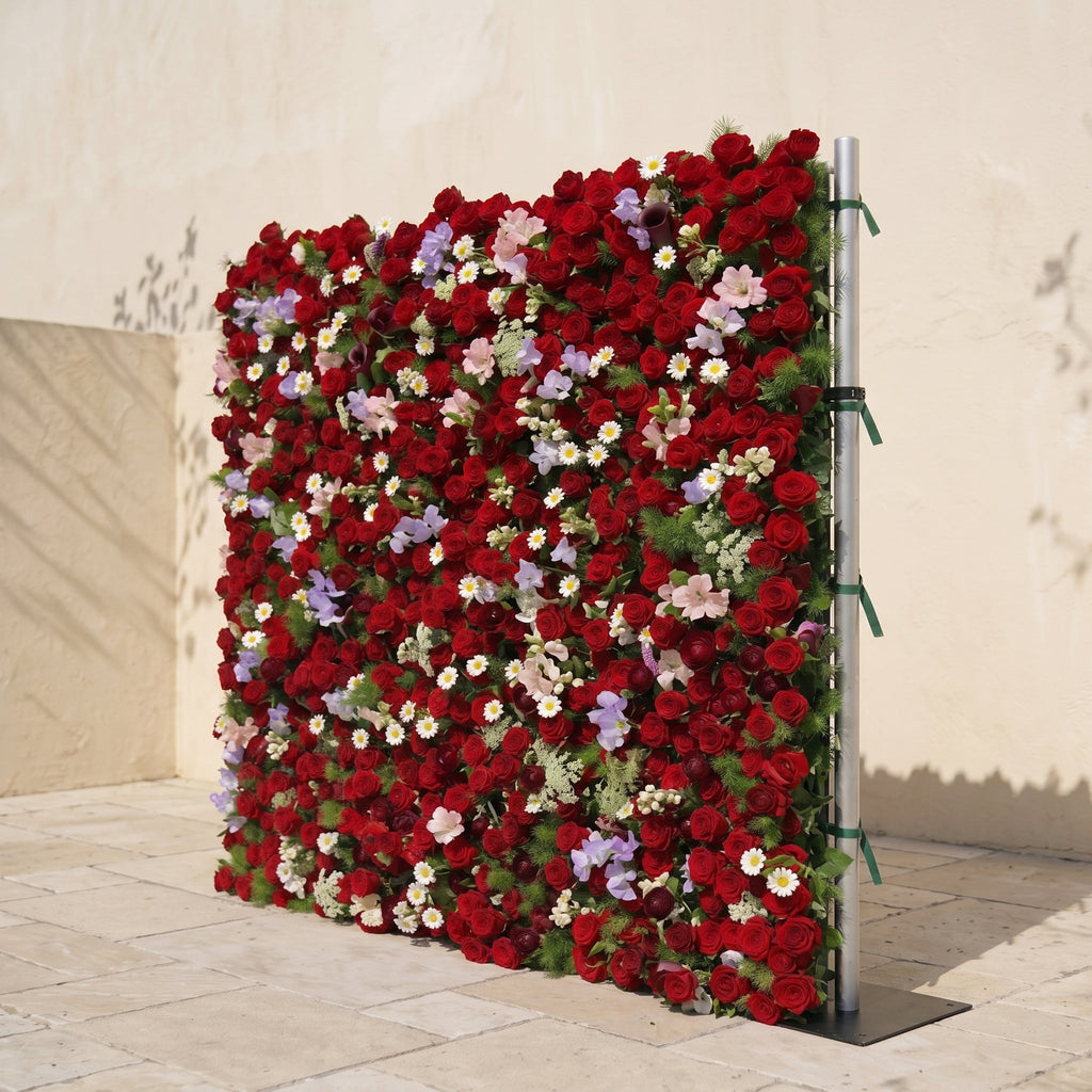 Sabbelle: Luxury 4D Ruby Red Rose Silk Floral Wall Backdrop with White Daisy & Lavender Accents for Romantic Weddings