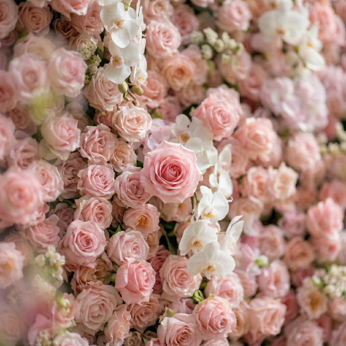 Sabine: 5D Blush Pink Silk Rose Flower Wall with White Orchid for Elegant Weddings & Ballroom Receptions