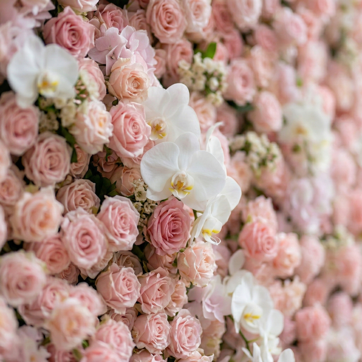 Sabine: 5D Blush Pink Silk Rose Flower Wall with White Orchid for Elegant Weddings & Ballroom Receptions