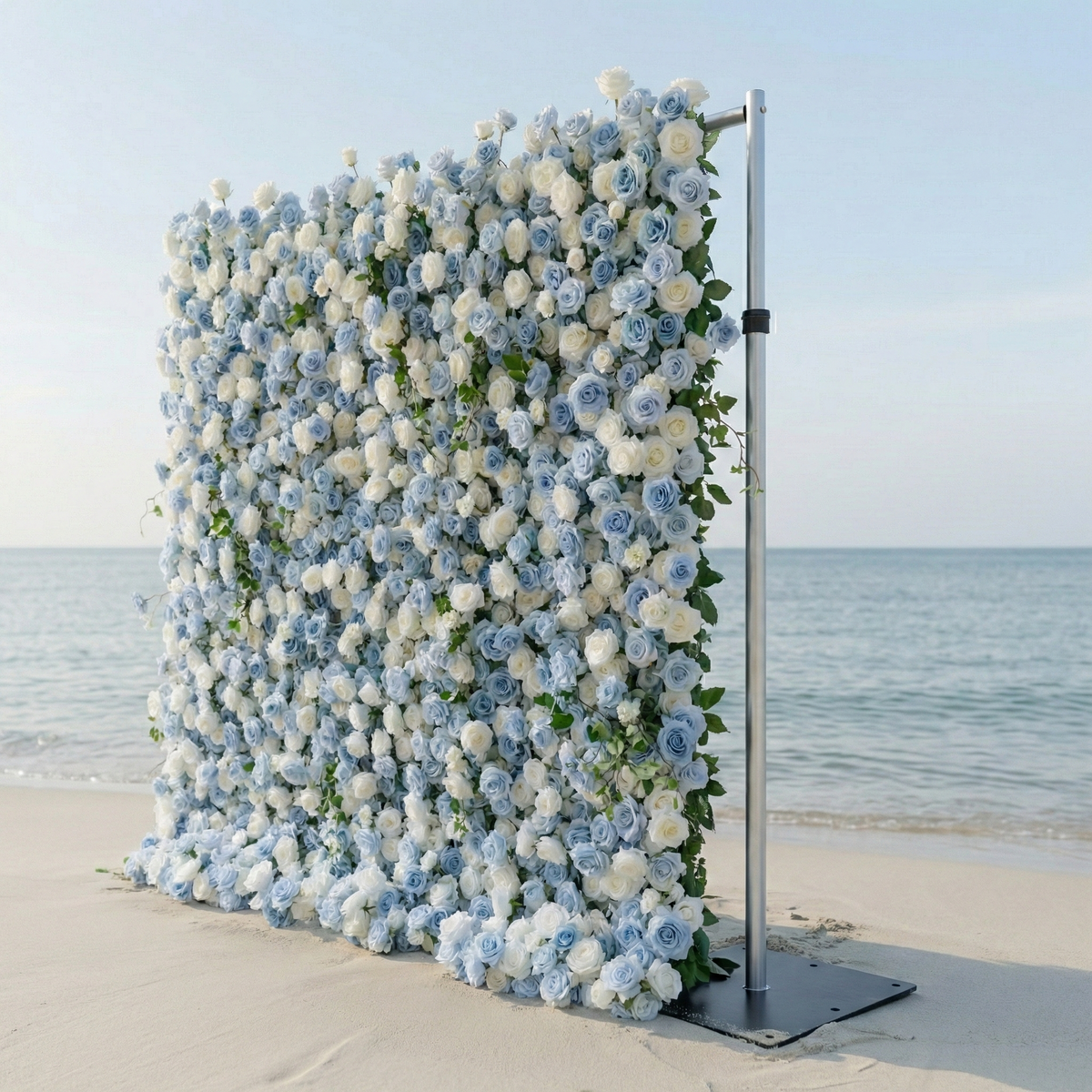 Sapphira: Luxury 5D Serene Blue & Cream Silk Floral Wall Roll-Up Fabric Backdrop for Seaside Weddings & Events