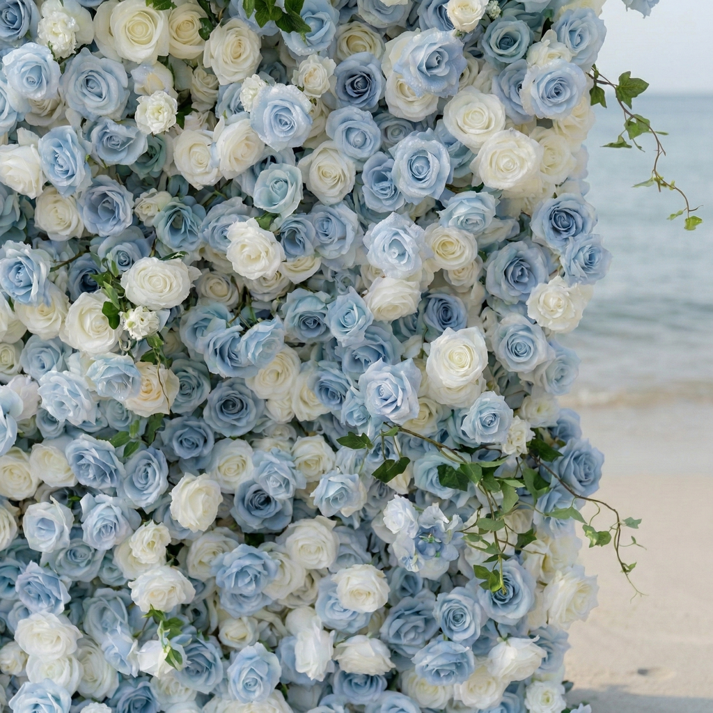 Sapphira: Luxury 5D Serene Blue & Cream Silk Floral Wall Roll-Up Fabric Backdrop for Seaside Weddings & Events