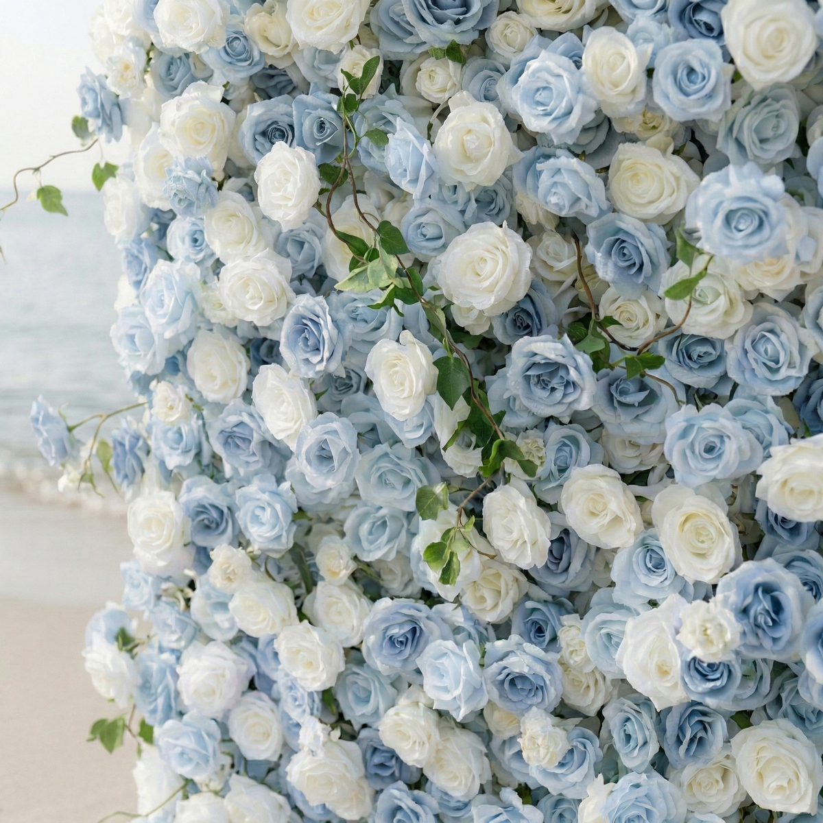 Sapphira: Luxury 5D Serene Blue & Cream Silk Floral Wall Roll-Up Fabric Backdrop for Seaside Weddings & Events