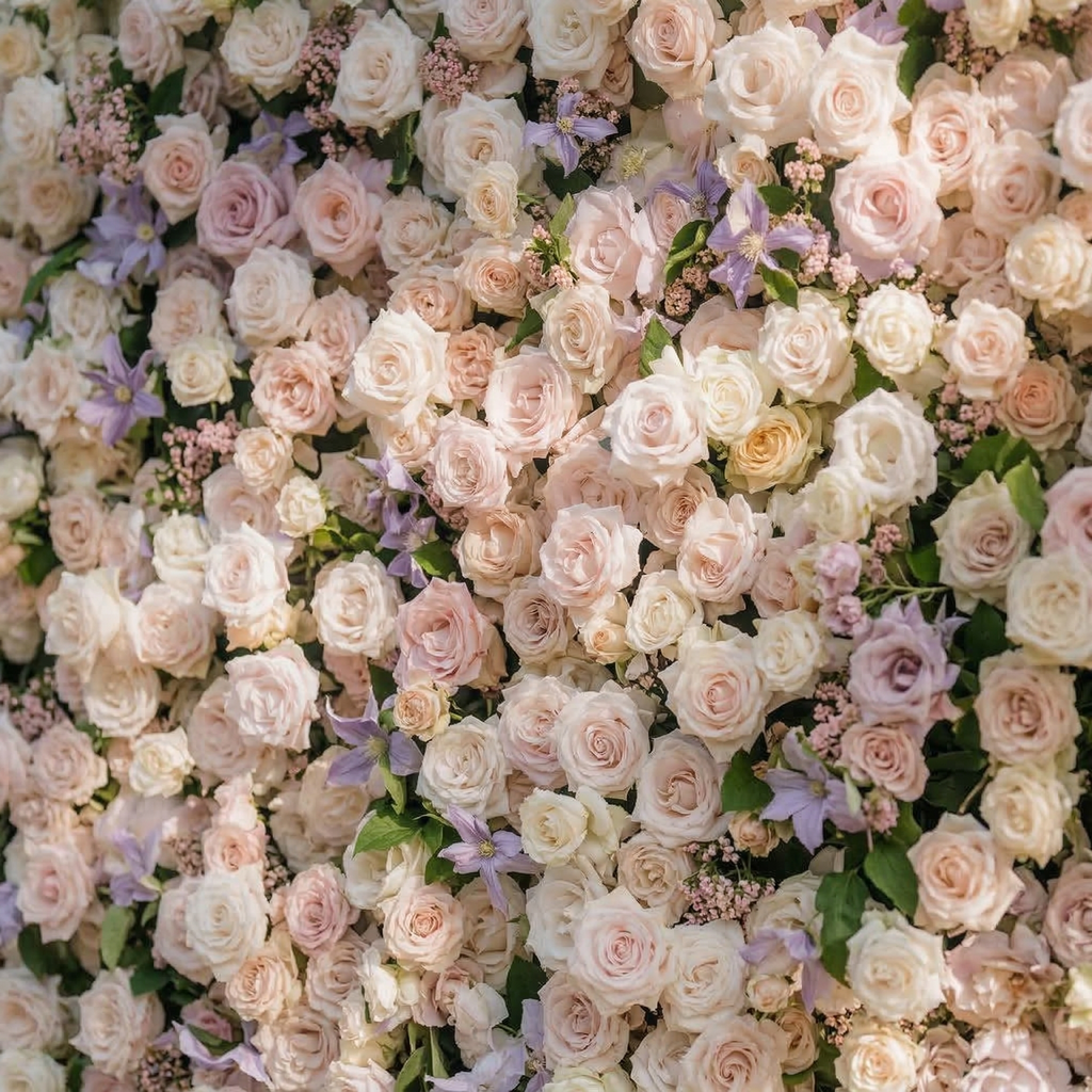 Selira: 5D Creamy Blush and Soft Lilac Silk Rose Flower Wall Roll-Up Fabric Backdrop for Elegant Events & Parties