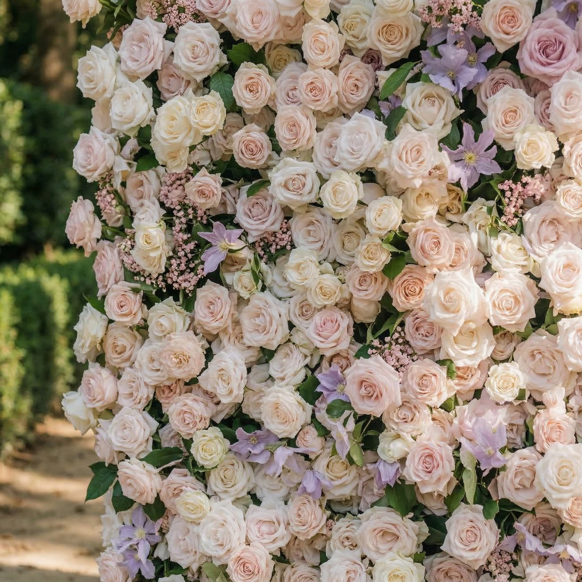 Selira: 5D Creamy Blush and Soft Lilac Silk Rose Flower Wall Roll-Up Fabric Backdrop for Elegant Events & Parties
