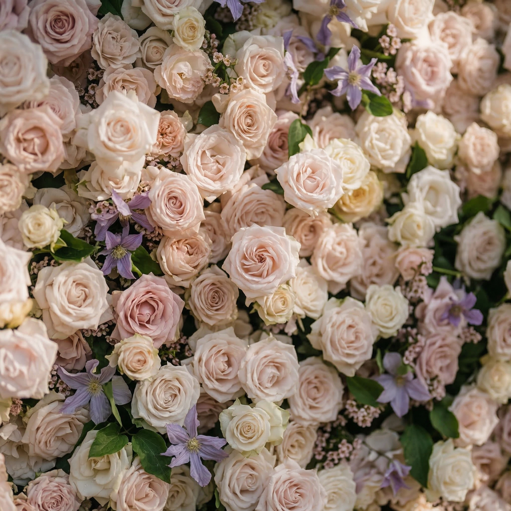 Selira: 5D Creamy Blush and Soft Lilac Silk Rose Flower Wall Roll-Up Fabric Backdrop for Elegant Events & Parties