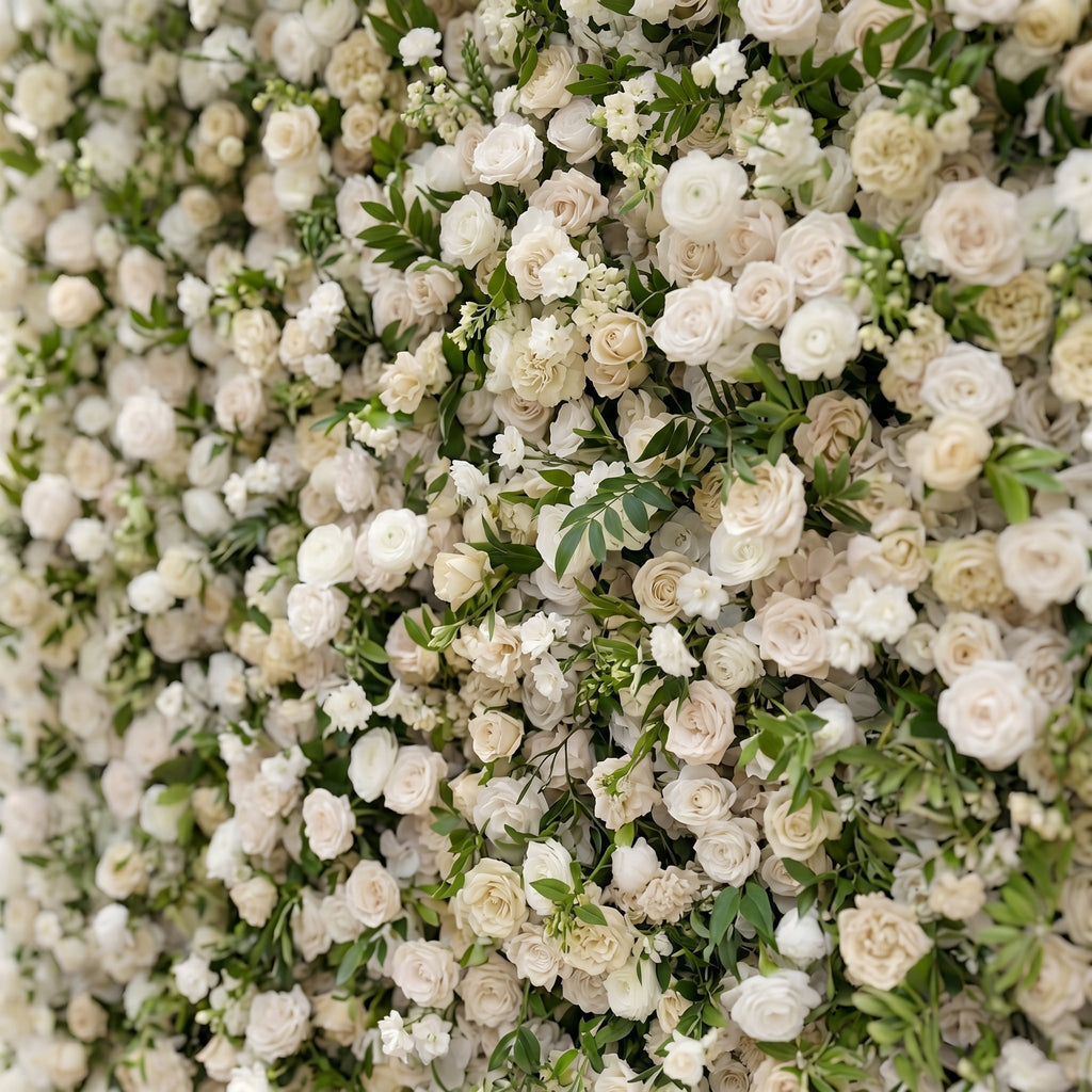 Sirenbelle:Luxury 5D Cream & Ivory Silk Floral Wall Roll-Up Backdrop for Timeless Elegant Weddings